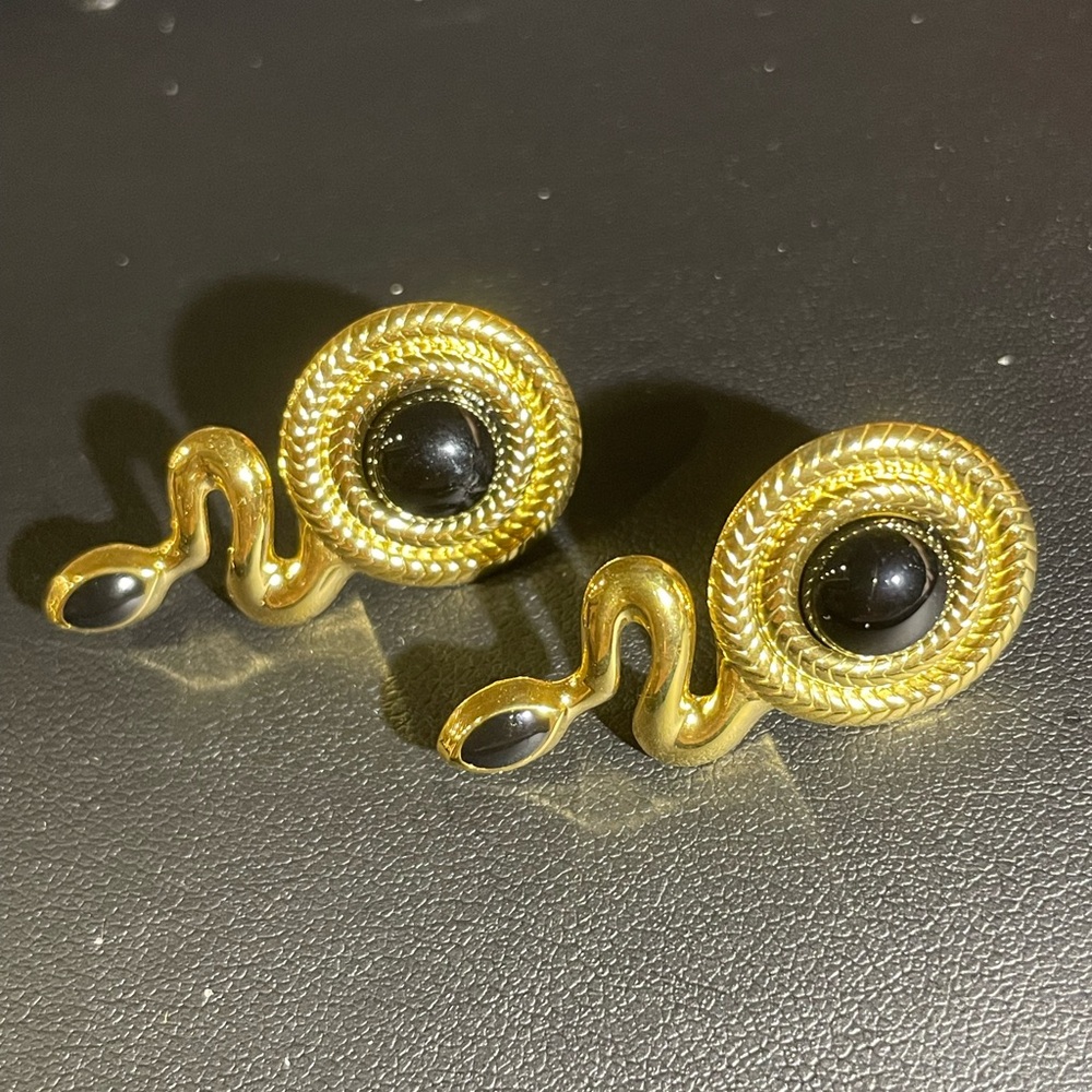Stainless Steel 18K Gold-Plated Snake Design Black Onyx Earrings | Bold and Uniq